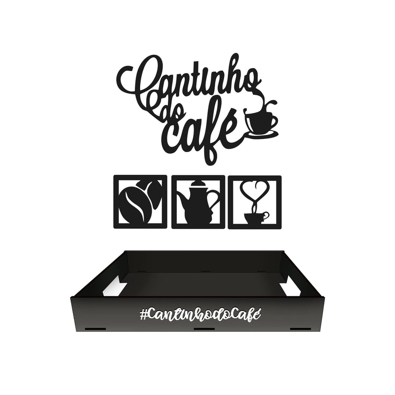 Conjunto Decorativo Cantinho do Café com Bandeja e Placa MDF