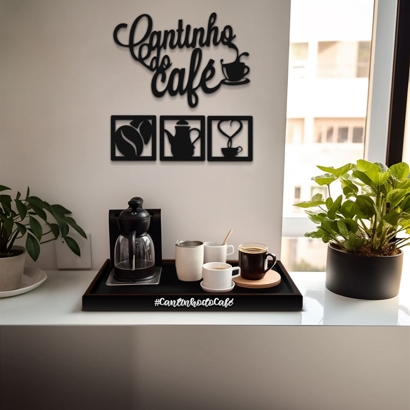 Conjunto Decorativo Cantinho do Café com Bandeja e Placa MDF